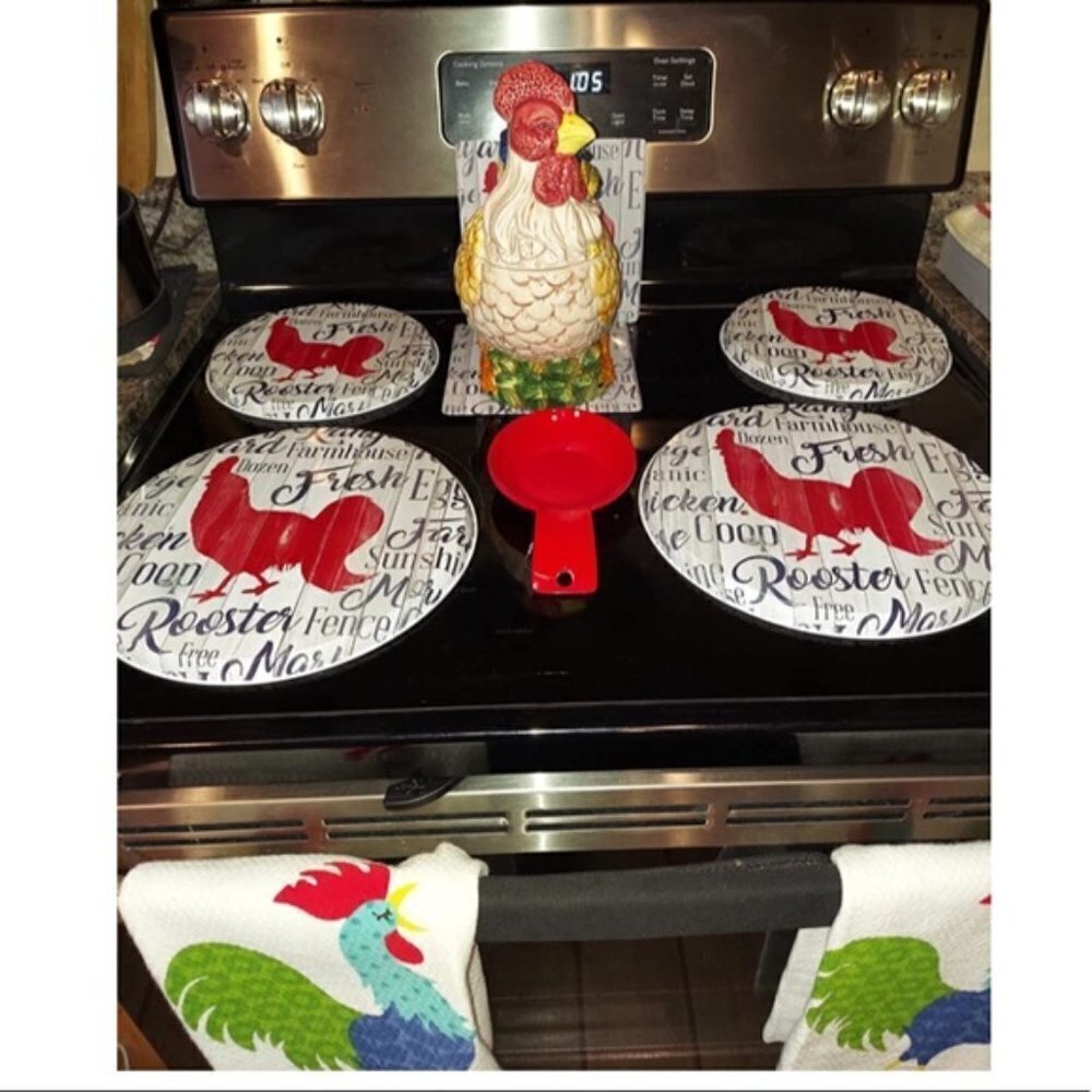 Chicken Rooster Kitchen Decor Stove Burner Covers Farmhouse WITH 2 Spoon Rests - Picture 7 of 10
